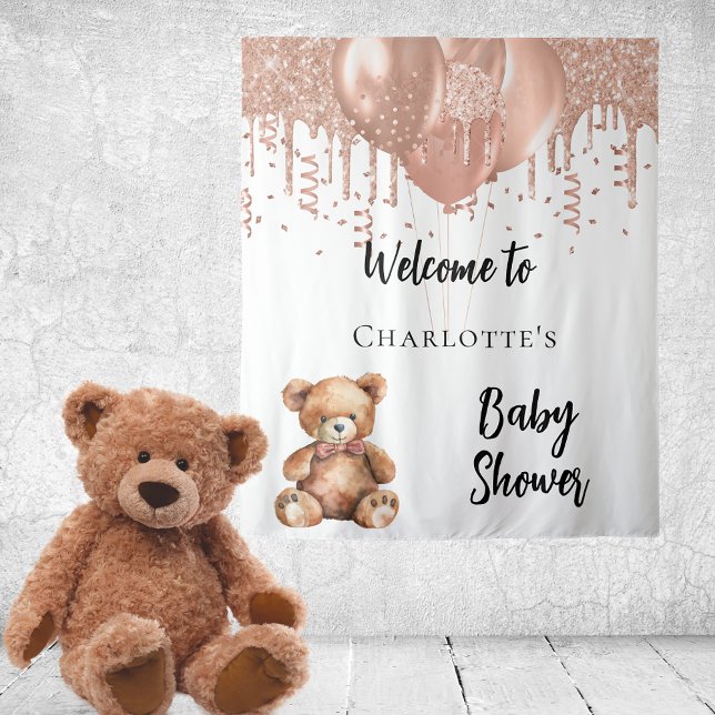 Rose gold balloons teddy bear baby shower welcome tapestry (Creator Uploaded)