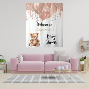 Rose gold balloons teddy bear baby shower welcome tapestry