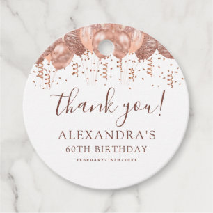 Rose Gold Balloons Thank You 60th Birthday Party  Favour Tags