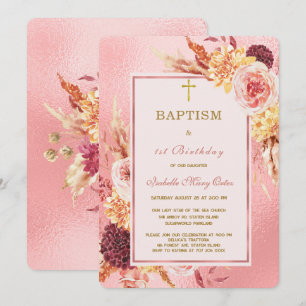 Rose Gold Baptism and First Birthday Invitation