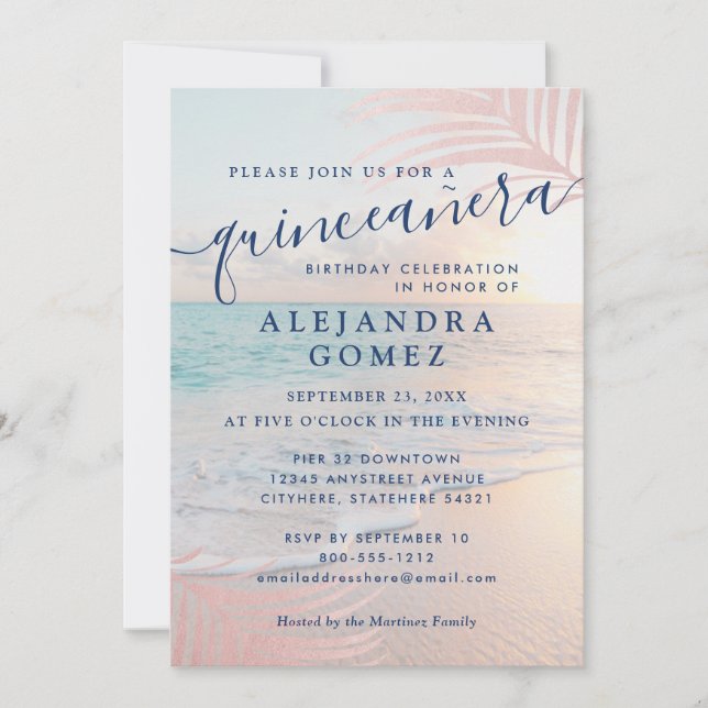 Rose Gold Beach Quinceañera Pink 15th Birthday Invitation (Front)