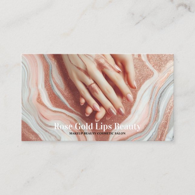 Rose Gold Beautiful Woman Makeup Nail Business Card (Front)
