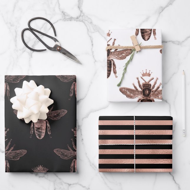 Rose Gold Bee Pattern Wrapping Paper Sheet (Front)