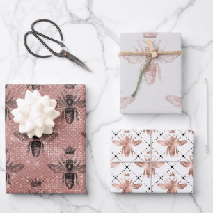 Rose Gold Bee Pattern Wrapping Paper Sheet