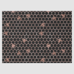 Rose Gold Bees and Honeycomb on Black Decoupage Tissue Paper