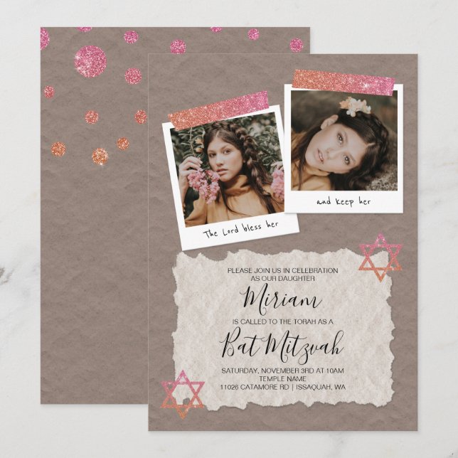 Rose Gold, Beige Scrapbook Bat Mitzvah Invite (Front/Back)
