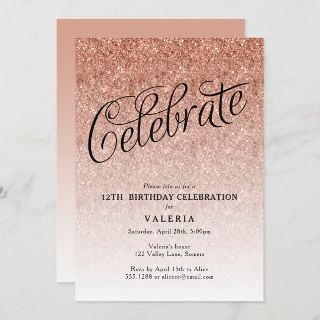 Rose Gold Birthday Celebrate Glitter Invitation (Front/Back)