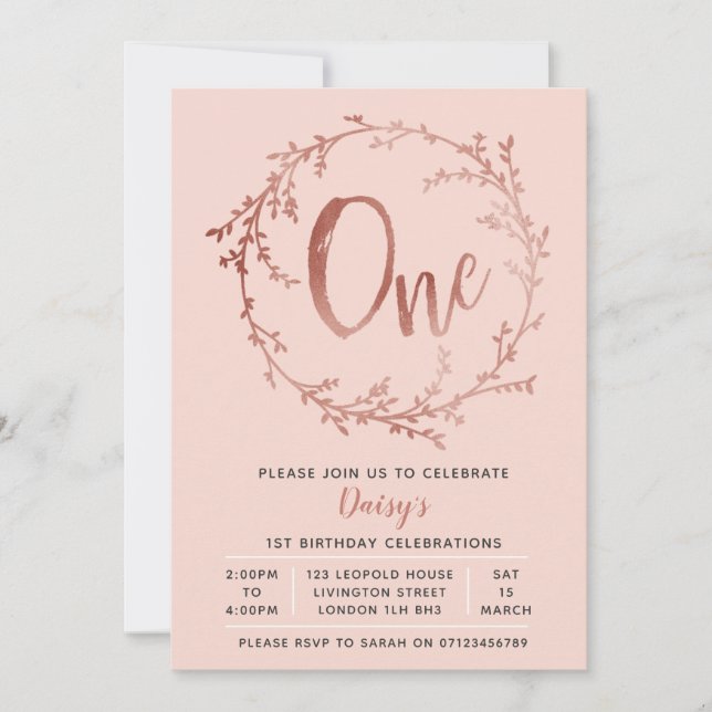 Rose Gold Birthday Girls 1st birthday invitation (Front)