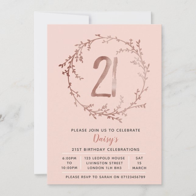 Rose Gold Birthday Girls 21st birthday invitation (Front)