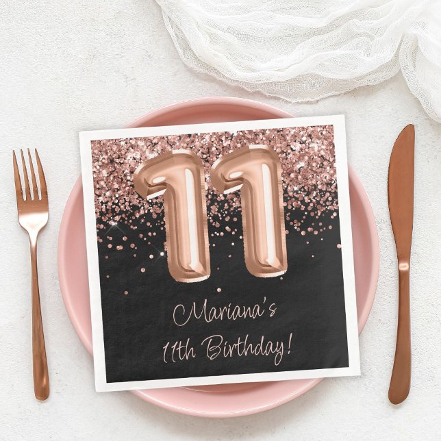  Rose Gold Black 11th Birthday Party Napkin (Creator Uploaded)