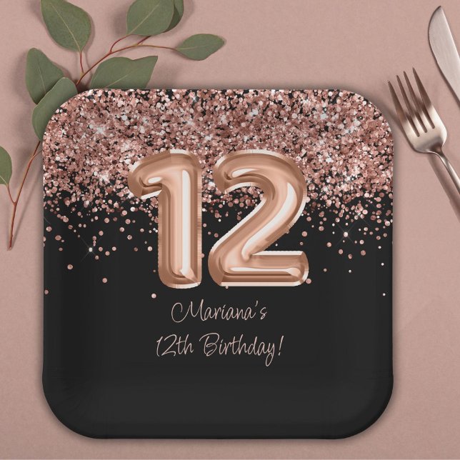 Rose Gold Black 12th Birthday Party Paper Plate (Creator Uploaded)