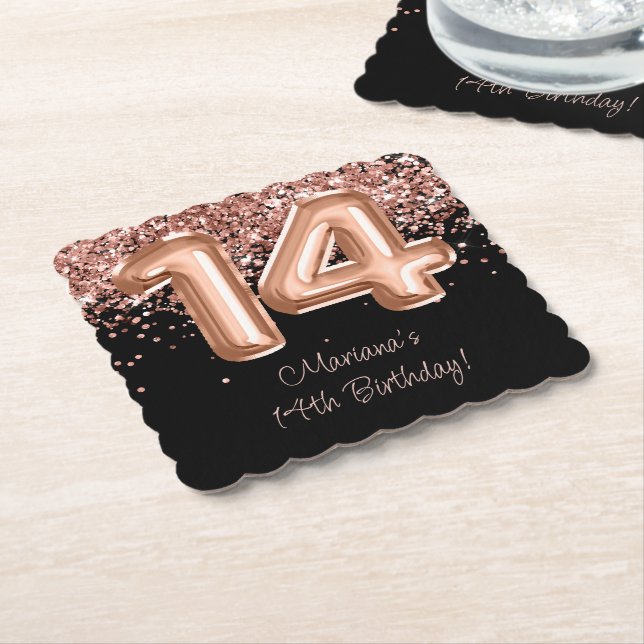 Rose Gold Black 14th Birthday Party Paper Coaster (Angled)