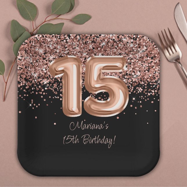 Rose Gold Black 15th Birthday Party Paper Plate (Creator Uploaded)