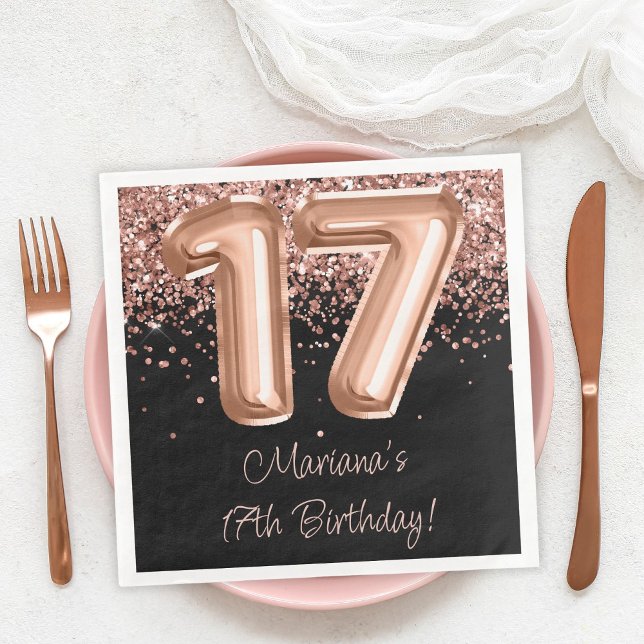 Rose Gold Black 17th Birthday Party Napkin (Creator Uploaded)