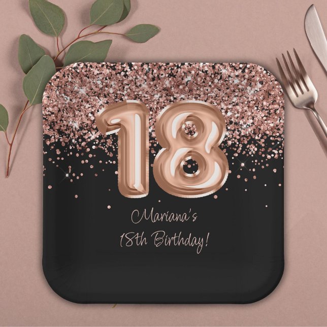  Rose Gold Black 18th Birthday Party Paper Plate (Creator Uploaded)