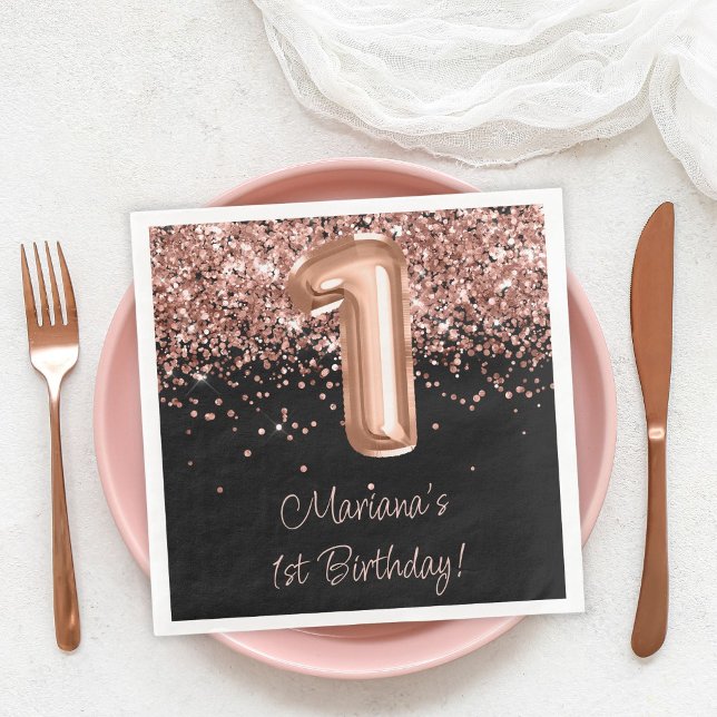  Rose Gold Black 1st Birthday Party Napkin (Creator Uploaded)