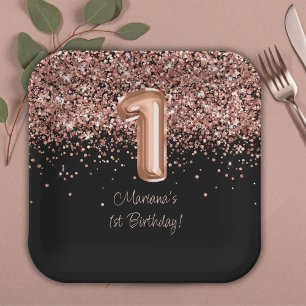  Rose Gold Black 1st Birthday Party Paper Plate
