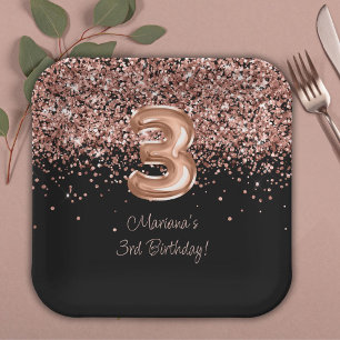 Rose Gold Black 3rd Birthday Party Paper Plate