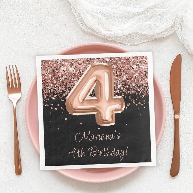  Rose Gold Black 4th Birthday Party Napkin (Creator Uploaded)
