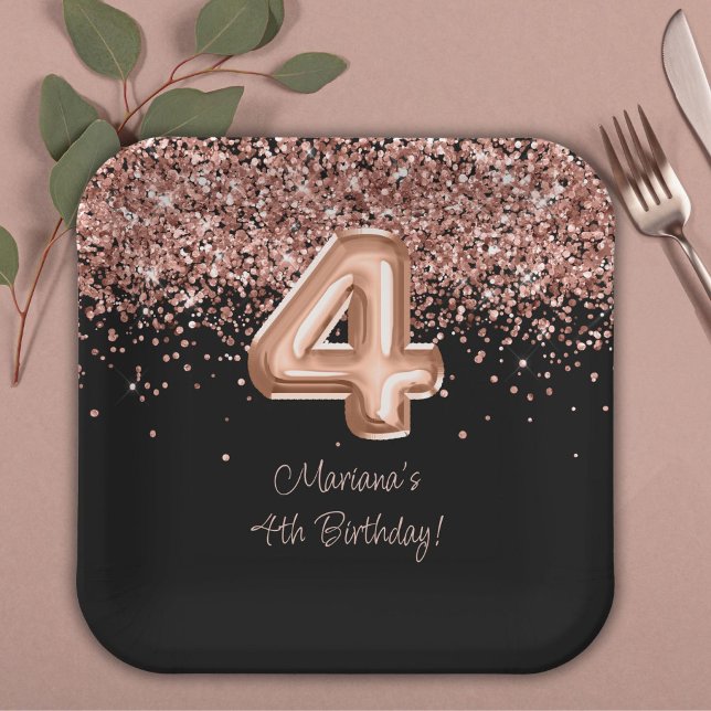  Rose Gold Black 4th Birthday Party Paper Plate (Creator Uploaded)