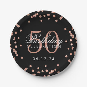 Rose Gold Black 50th Birthday Glitter Confetti Paper Plate