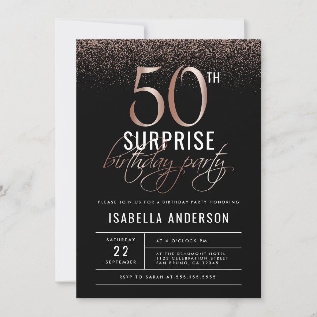 Rose Gold & Black 50th Surprise Birthday Party Invitation (Front)