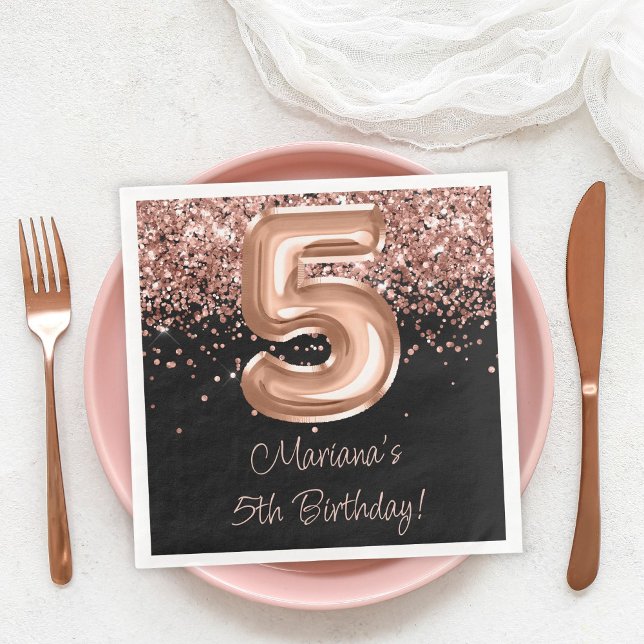  Rose Gold Black 5th Birthday Party Napkin (Creator Uploaded)