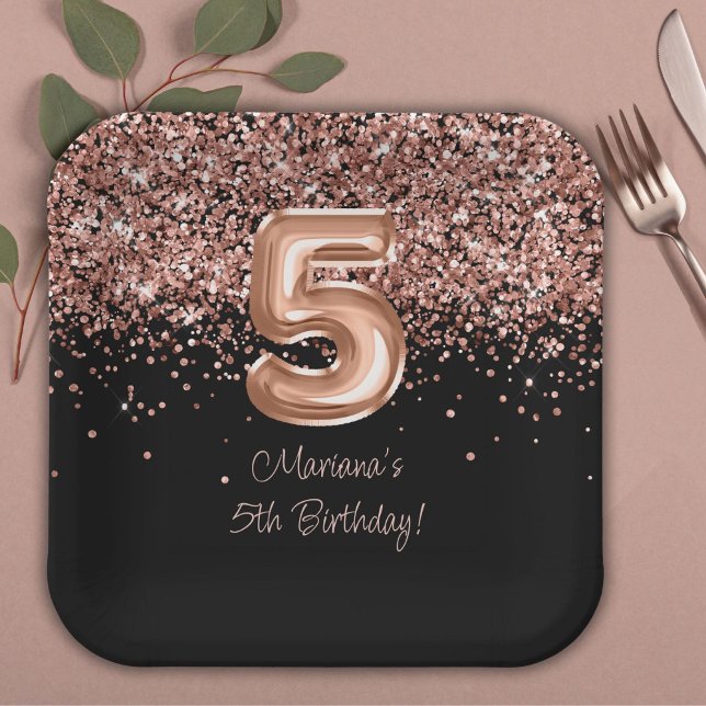  Rose Gold Black 5th Birthday Party Paper Plate (Creator Uploaded)