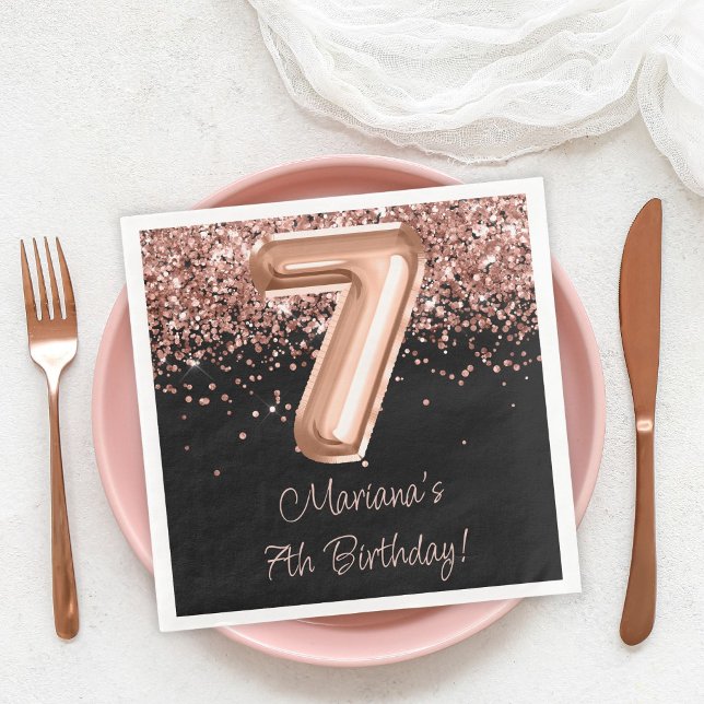  Rose Gold Black 7th Birthday Party Napkin (Creator Uploaded)