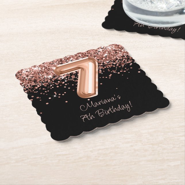  Rose Gold Black 7th Birthday Party Paper Coaster (Angled)