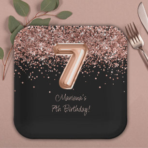 Rose Gold Black 7th Birthday Party Paper Plate