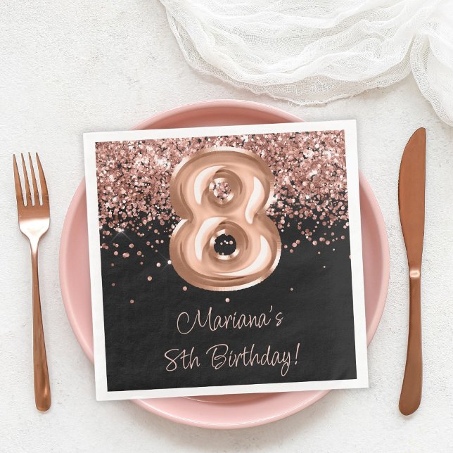  Rose Gold Black 8th Birthday Party Napkin (Creator Uploaded)