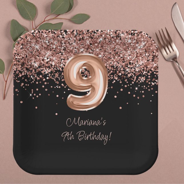  Rose Gold Black 9th Birthday Party Paper Plate (Creator Uploaded)
