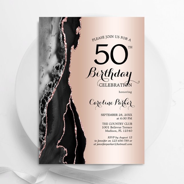 Rose Gold Black Agate 50th Birthday Invitation (Creator Uploaded)