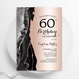 Rose Gold Black Agate 60th Birthday Invitation