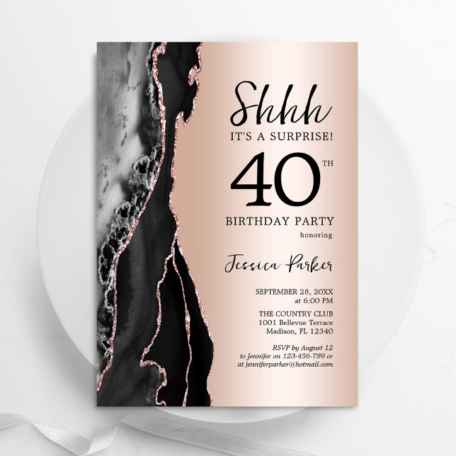 Rose Gold Black Agate Surprise 40th Birthday Invitation (Creator Uploaded)