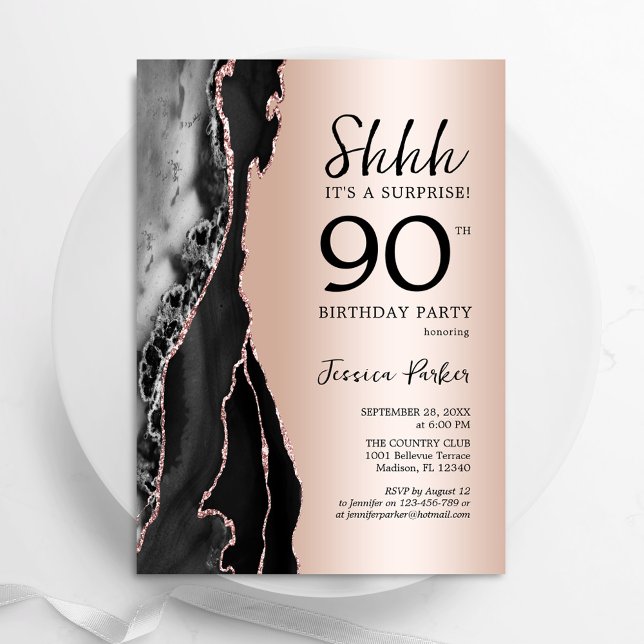 Rose Gold Black Agate Surprise 90th Birthday Invitation (Creator Uploaded)