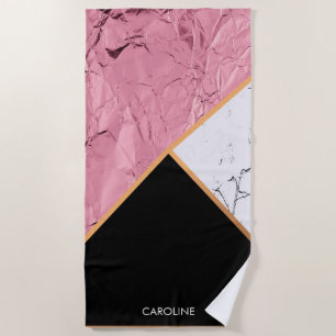 Rose Gold Black and White Marble Pattern Beach Towel