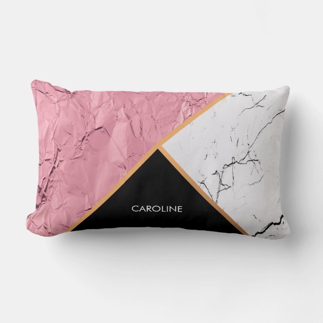 Rose Gold Black and White Marble Pattern Lumbar Cushion (Front)