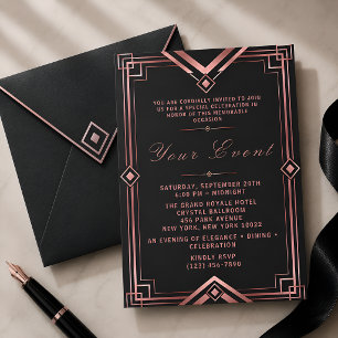 Rose Gold & Black Art Deco Gala Celebration Invitation