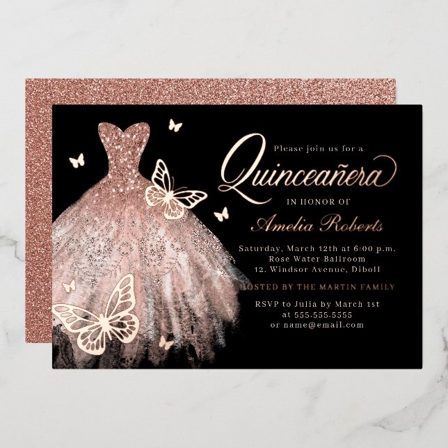 Rose Gold Black Butterfly Dress Quinceanera  (Front/Back)