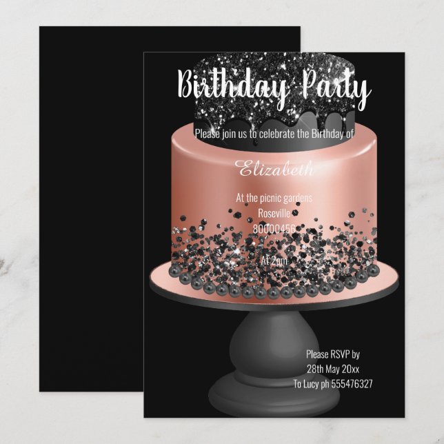 ROSE GOLD BLACK CAKE 2 BIRTHDAY INVITATION (Front/Back)