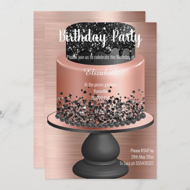 ROSE GOLD BLACK CAKE BIRTHDAY INVITATION 2 (Front/Back)