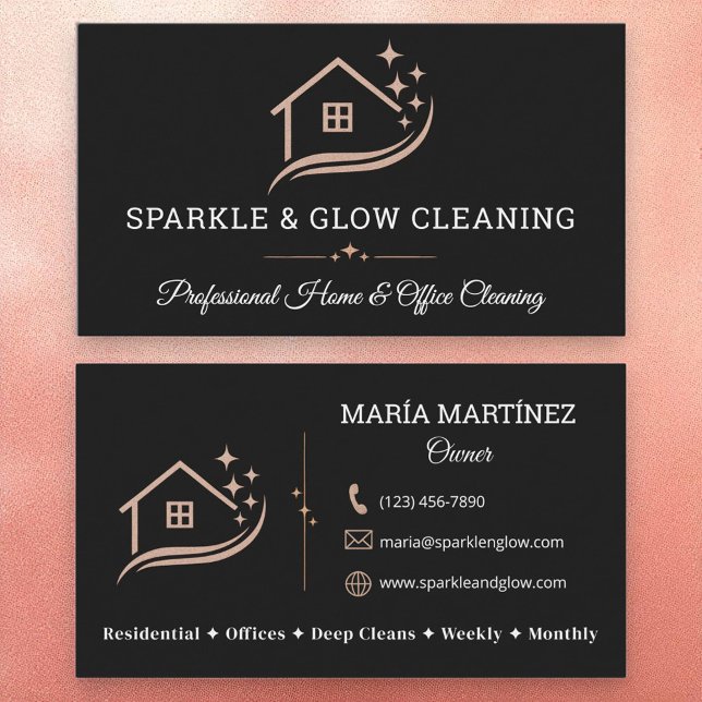 Rose Gold Black Cleaning Service House Sparkle Business Card (Creator Uploaded)