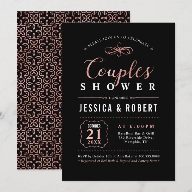 Rose Gold & Black | Elegant Couples Wedding Shower Invitation (Front/Back)