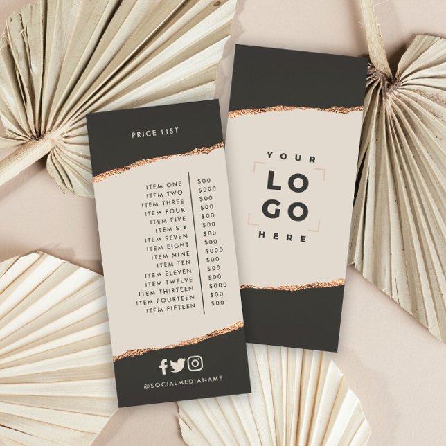Rose gold black elegant modern girly price list rack card (Creator Uploaded)