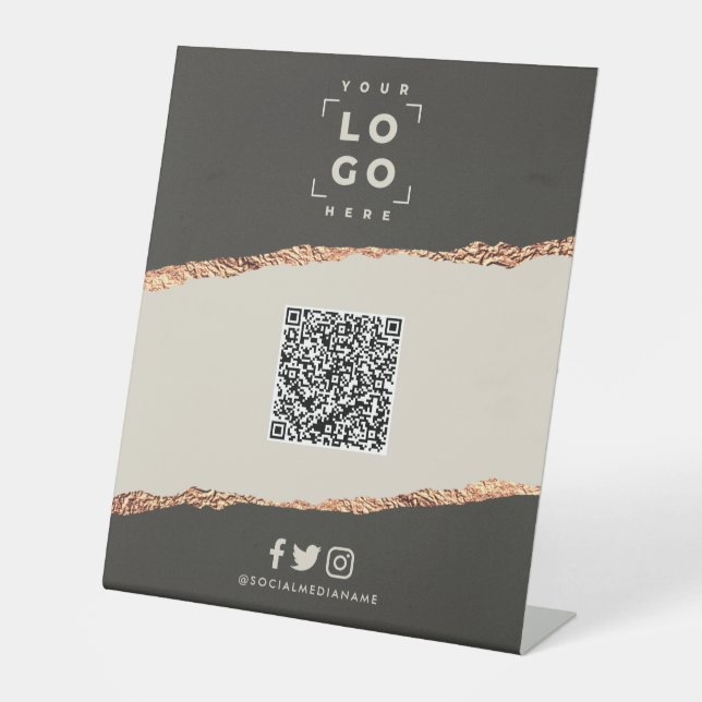 Rose gold black elegant modern QR code branding Pedestal Sign (Front)