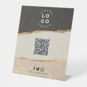 Rose gold black elegant modern QR code branding Pedestal Sign