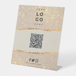 Rose gold black elegant modern QR code branding Pedestal Sign