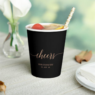 Rose Gold Black Elegant Script Cheers Custom Party Paper Cups